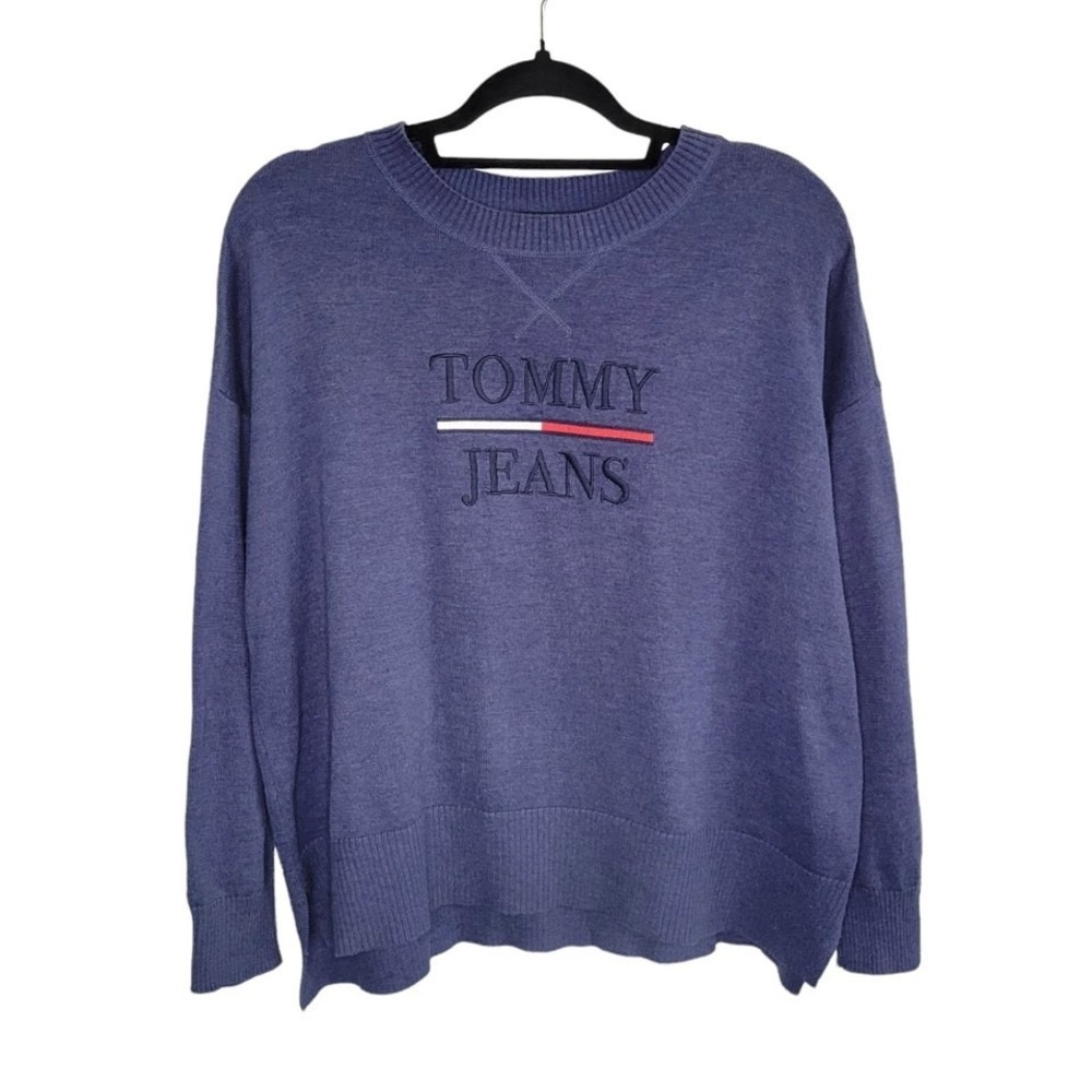 Tommy Jeans Women's Blue Crew Neck Logo Relaxed Fit Knit Pullover Sweater Size M